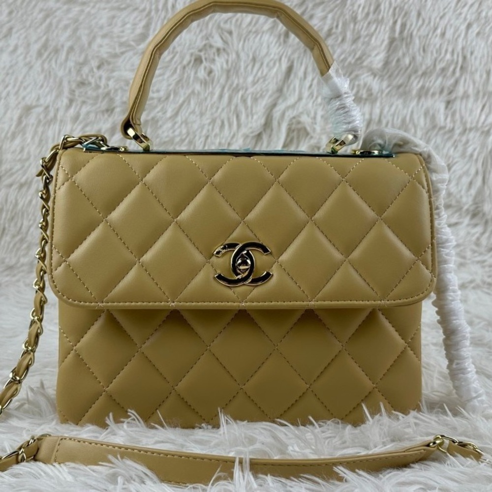 CHANEL Quilted Top-Handle Satchel in Beige with Gold Hardware
